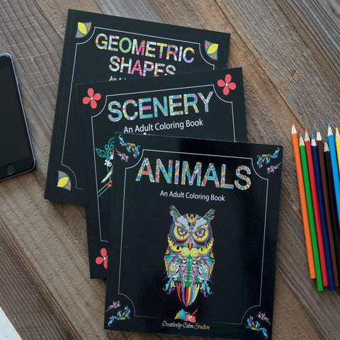 Adult Coloring Books - Animals, Geometric Shapes with Mandala Designs and Scenery